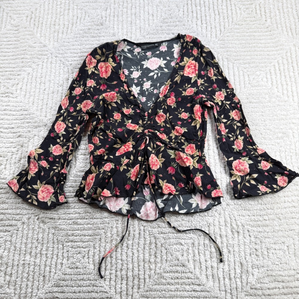Zara Woman Floral Peplum Blouse Womens  S Bell Sleeve Boho Fairy Dark Romantic